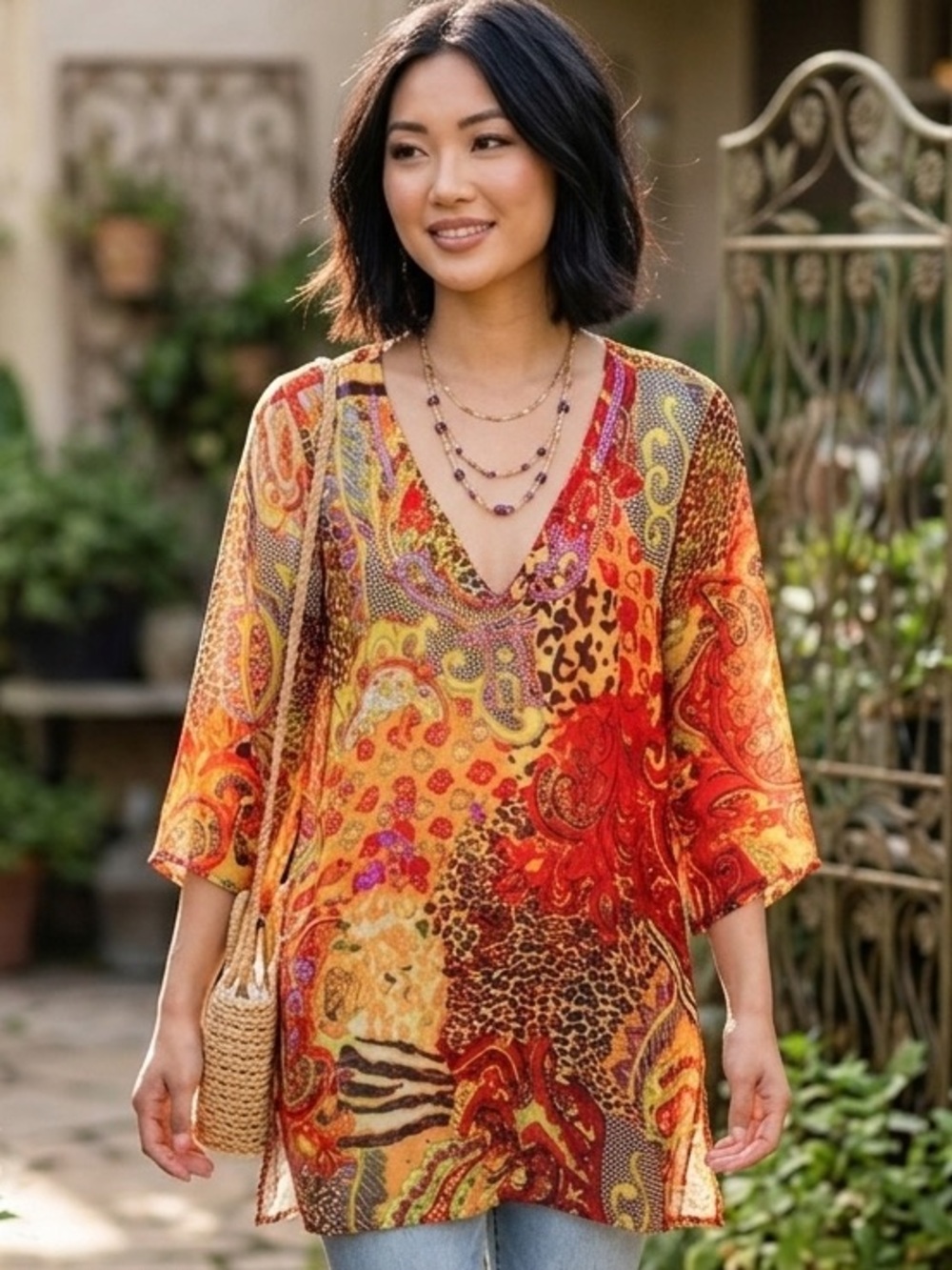 Aqua Blue vibrant Multicolor Sheer Blouse q/ sequin detail